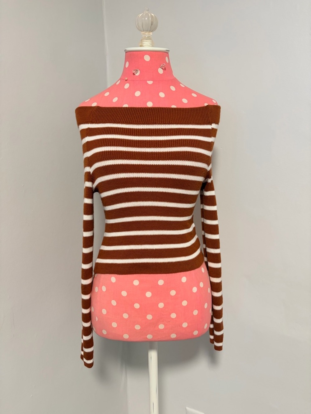 Off-Shoulder Brown and White Striped Women's Sweater